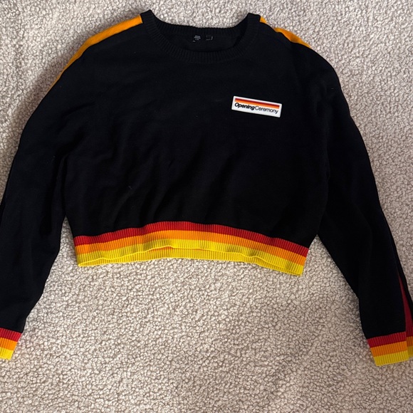 Opening Ceremony Tops - Opening Ceremony Black Crop Top with Red and Yellow Stripes